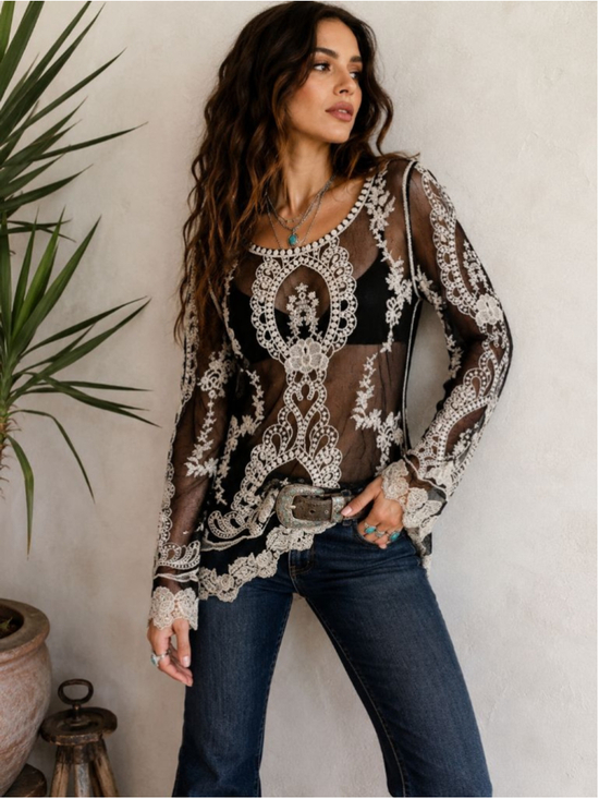 You Are Not Alone Tops - YouareNotAlone Black Mesh Embroidered Lace Boho Tunic Top Small Festival Romance